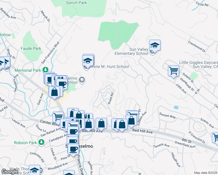 map of restaurants, bars, coffee shops, grocery stores, and more near 39 Madera Avenue in San Anselmo