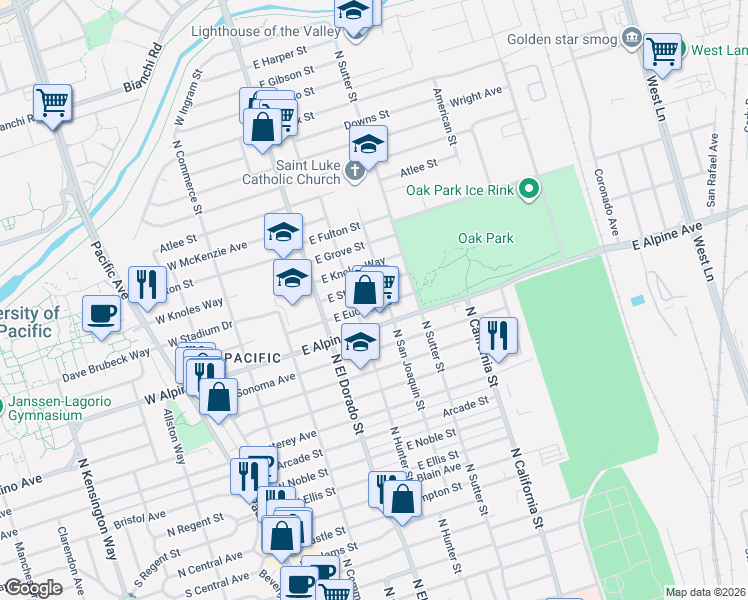 map of restaurants, bars, coffee shops, grocery stores, and more near 233 East Euclid Avenue in Stockton