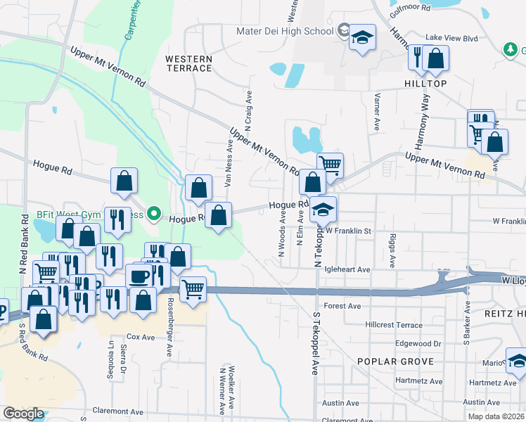 map of restaurants, bars, coffee shops, grocery stores, and more near 3808 Hogue Road in Evansville
