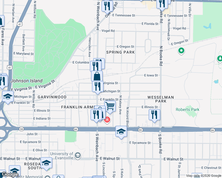 map of restaurants, bars, coffee shops, grocery stores, and more near 2006 East Michigan Street in Evansville