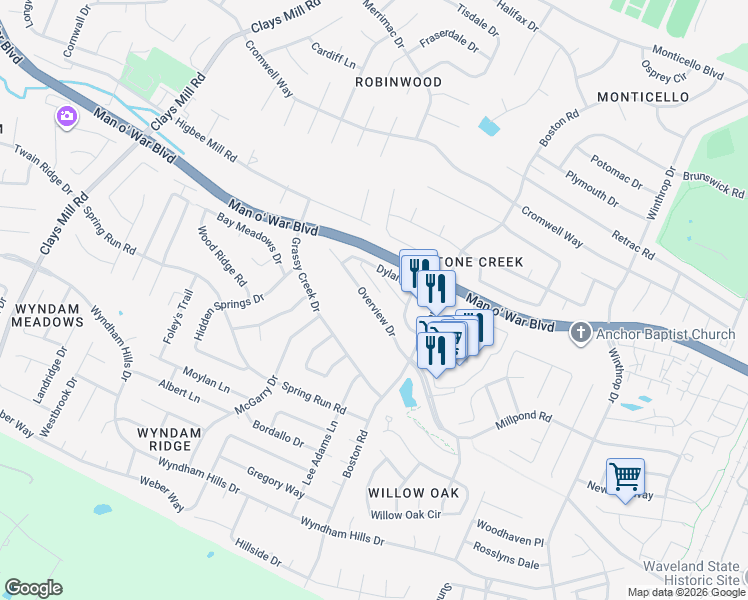 map of restaurants, bars, coffee shops, grocery stores, and more near 853 Overview Drive in Lexington