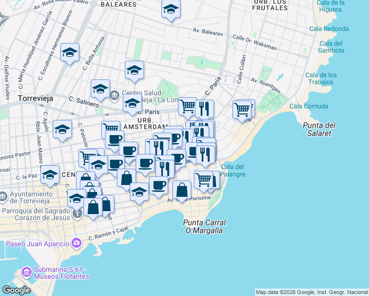 map of restaurants, bars, coffee shops, grocery stores, and more near 37 Calle Bergantin in Torrevieja