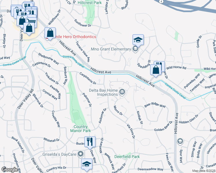 map of restaurants, bars, coffee shops, grocery stores, and more near 2740 Winding Lane in Antioch