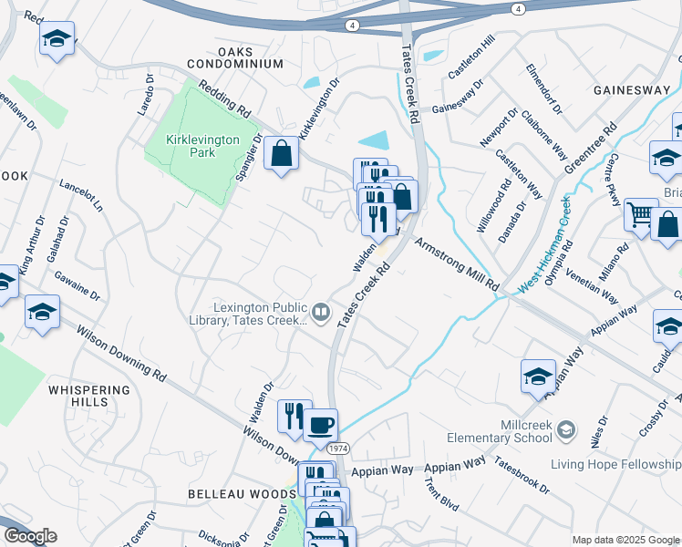 map of restaurants, bars, coffee shops, grocery stores, and more near 3613 Walden Drive in Lexington