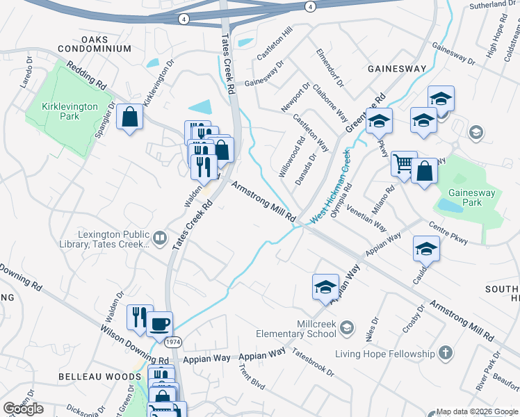 map of restaurants, bars, coffee shops, grocery stores, and more near 1076 Armstrong Mill Road in Lexington