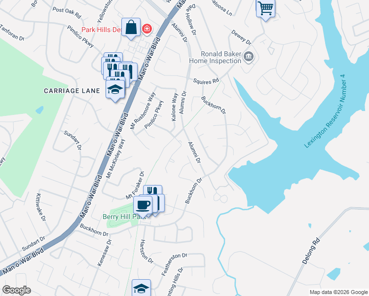 map of restaurants, bars, coffee shops, grocery stores, and more near 3289 Valhalla Drive in Lexington