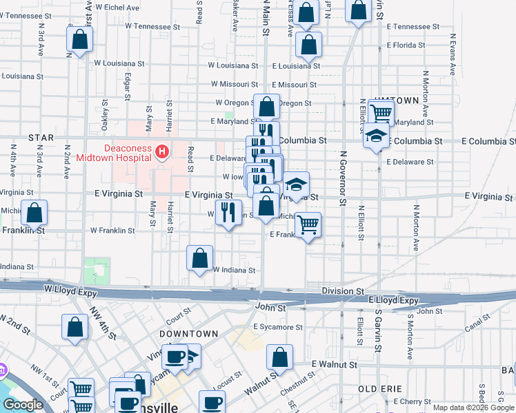 map of restaurants, bars, coffee shops, grocery stores, and more near 410 N Main St in Evansville