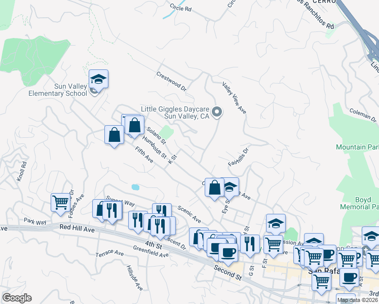 map of restaurants, bars, coffee shops, grocery stores, and more near 366 Forbes Avenue in San Rafael