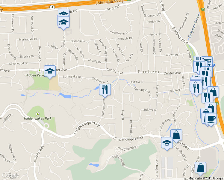 map of restaurants, bars, coffee shops, grocery stores, and more near 101 Lance Court in Martinez