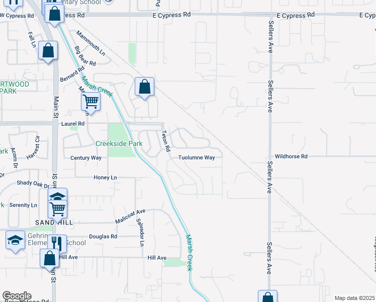 map of restaurants, bars, coffee shops, grocery stores, and more near 1390 Yosemite Circle in Oakley