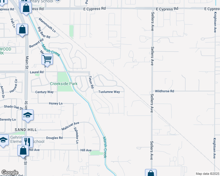 map of restaurants, bars, coffee shops, grocery stores, and more near 1372 Yosemite Circle in Oakley