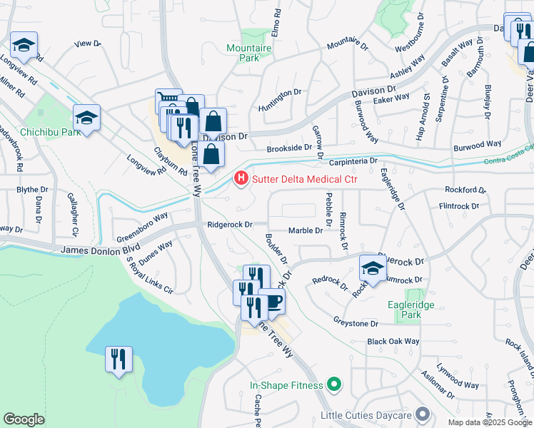 map of restaurants, bars, coffee shops, grocery stores, and more near 3916 Boulder Drive in Antioch