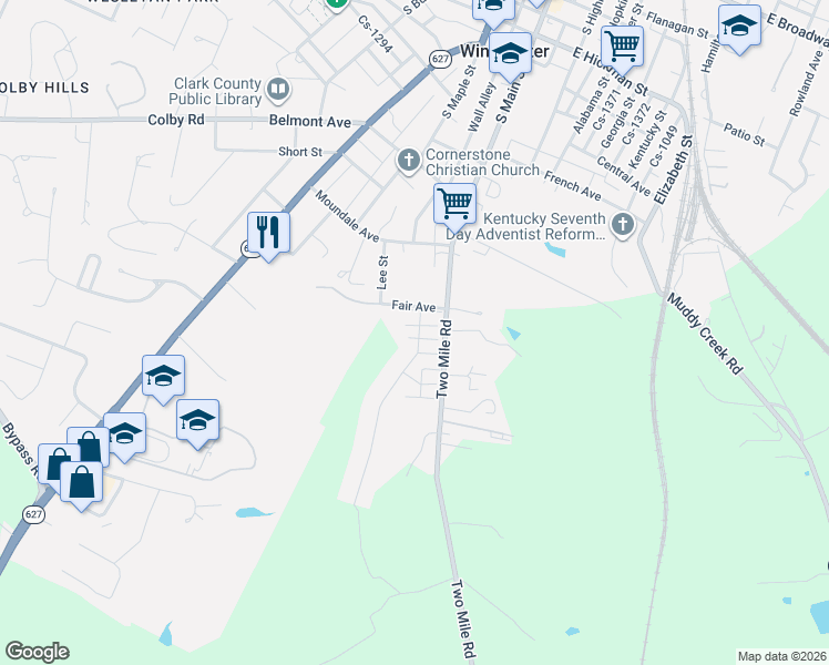 map of restaurants, bars, coffee shops, grocery stores, and more near 203 Gallahadion Court in Winchester