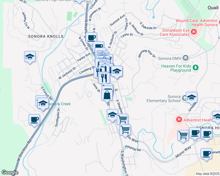 map of restaurants, bars, coffee shops, grocery stores, and more near 299 South Stewart Street in Sonora