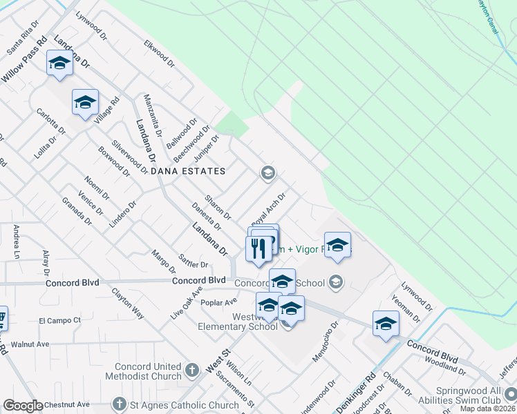map of restaurants, bars, coffee shops, grocery stores, and more near 3961 Royal Arch Drive in Concord