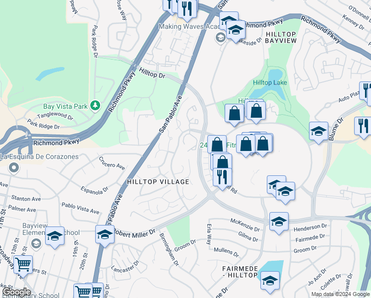 map of restaurants, bars, coffee shops, grocery stores, and more near 3634 West Court in Richmond