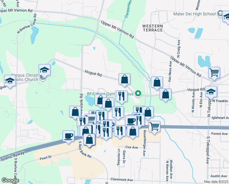 map of restaurants, bars, coffee shops, grocery stores, and more near 4616-4658 Rolling Ridge Ct in Evansville