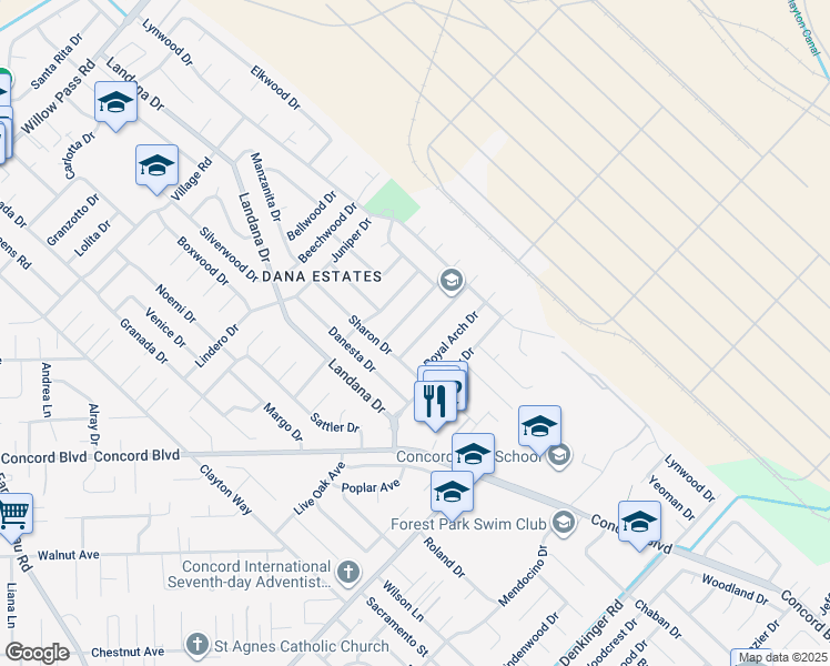 map of restaurants, bars, coffee shops, grocery stores, and more near 3937 Majestic Drive in Concord