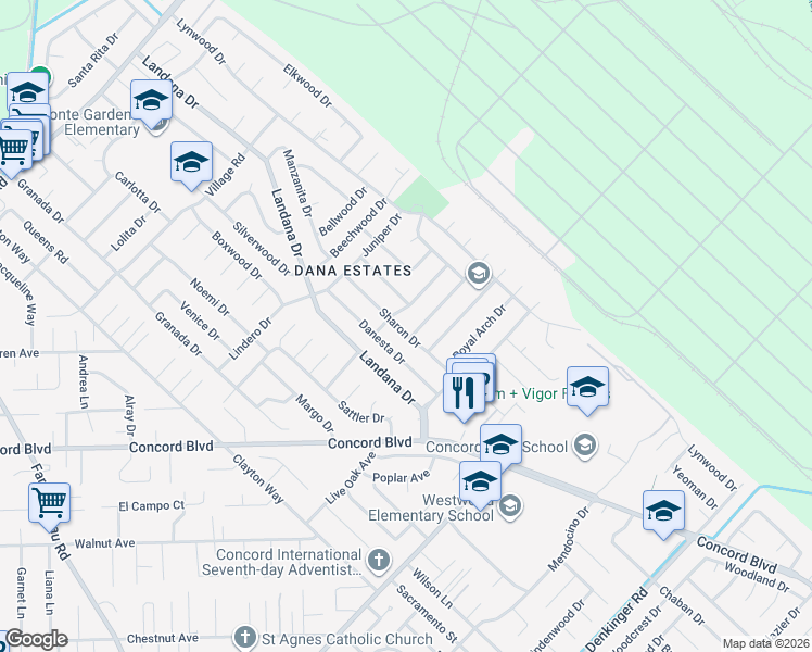 map of restaurants, bars, coffee shops, grocery stores, and more near 1772 Sharon Drive in Concord