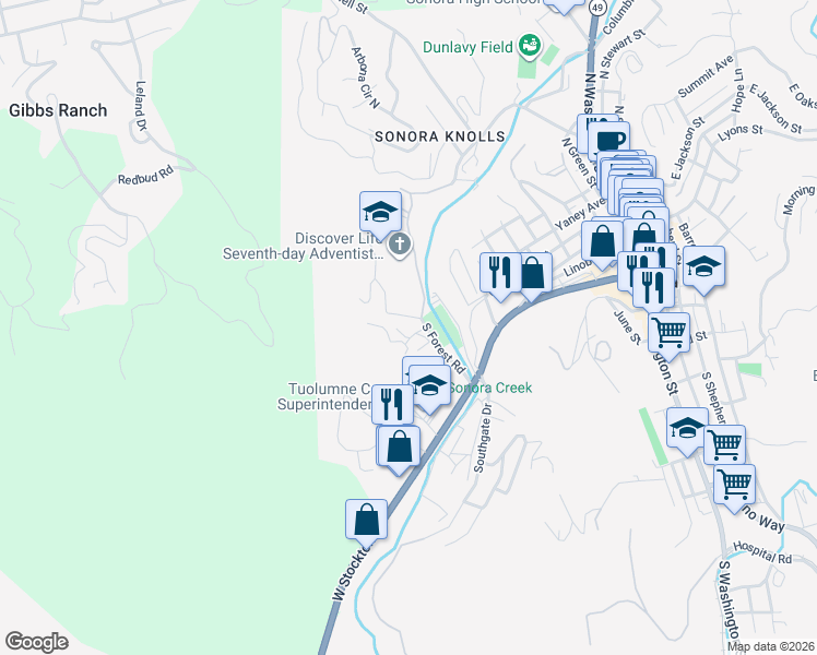 map of restaurants, bars, coffee shops, grocery stores, and more near Forest Rd in Sonora