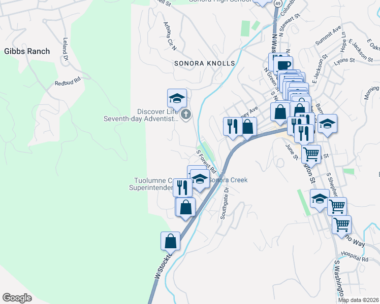 map of restaurants, bars, coffee shops, grocery stores, and more near 900 Greenley Road in Sonora