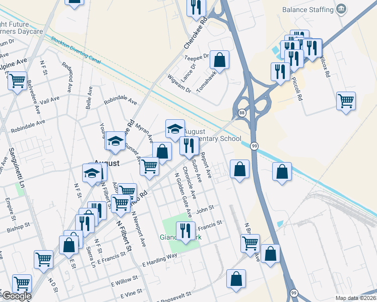 map of restaurants, bars, coffee shops, grocery stores, and more near 3203 Waterloo Road in Stockton