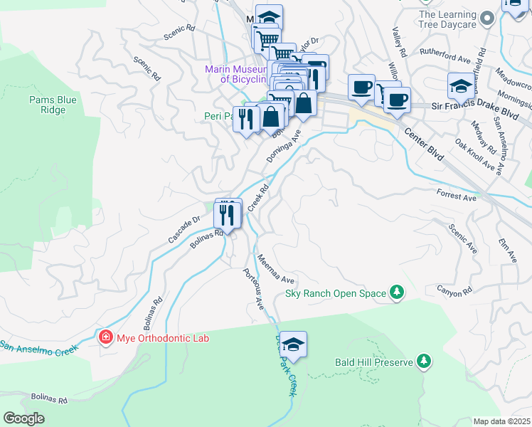 map of restaurants, bars, coffee shops, grocery stores, and more near 40 Forrest Terrace in Fairfax