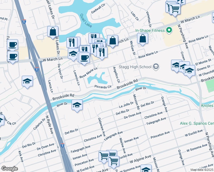 map of restaurants, bars, coffee shops, grocery stores, and more near 2185 Piccardo Circle in Stockton