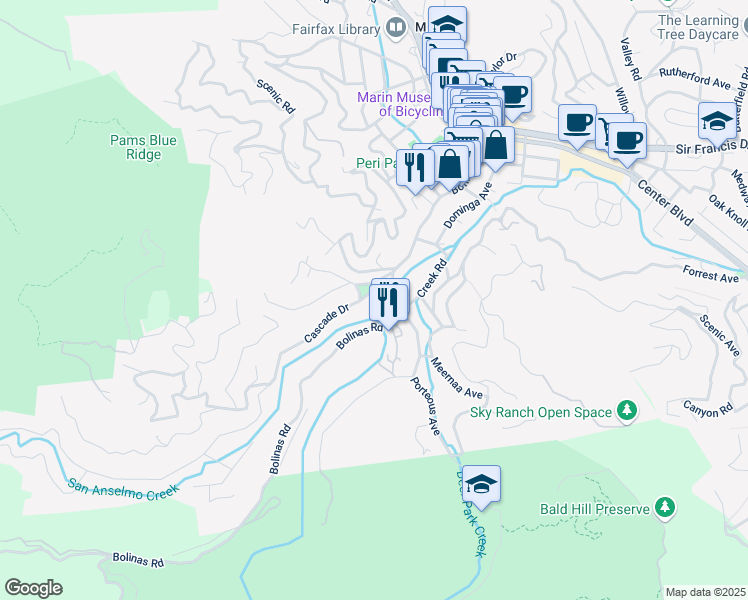 map of restaurants, bars, coffee shops, grocery stores, and more near 39 Cascade Drive in Fairfax