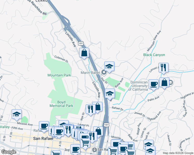 map of restaurants, bars, coffee shops, grocery stores, and more near Elm Street in San Rafael