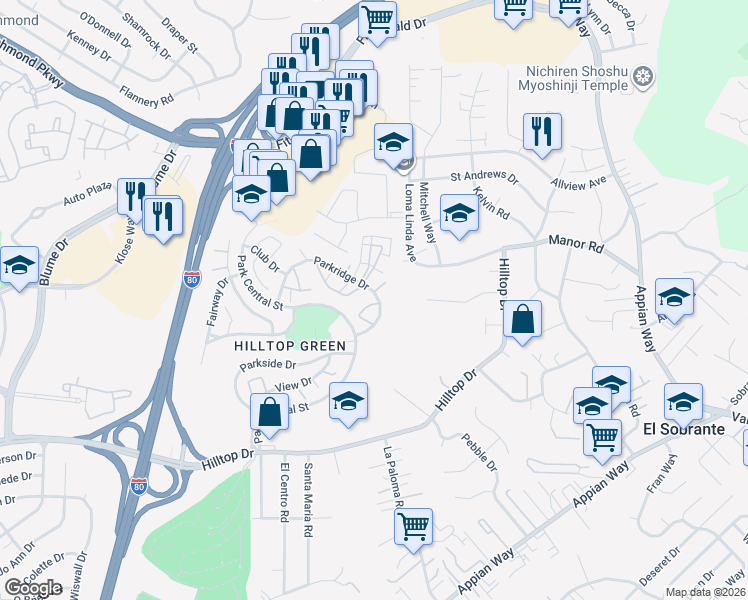 map of restaurants, bars, coffee shops, grocery stores, and more near 85 Parkridge Place in Richmond