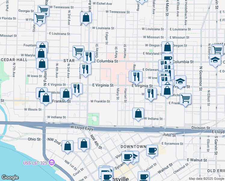 map of restaurants, bars, coffee shops, grocery stores, and more near 409 Edgar St in Evansville