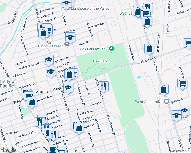map of restaurants, bars, coffee shops, grocery stores, and more near 3405 North California Street in Stockton