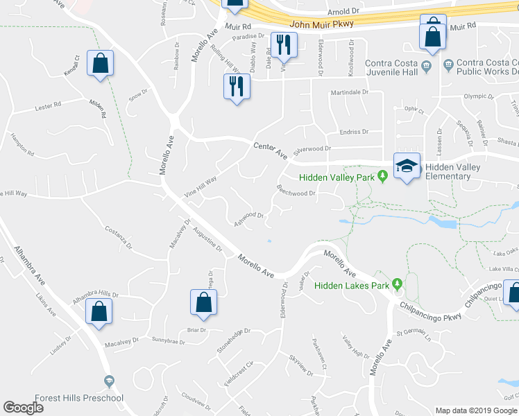 map of restaurants, bars, coffee shops, grocery stores, and more near 1593 Ashwood Drive in Martinez