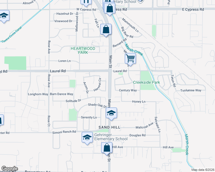 map of restaurants, bars, coffee shops, grocery stores, and more near 3872 Marsh Way in Oakley