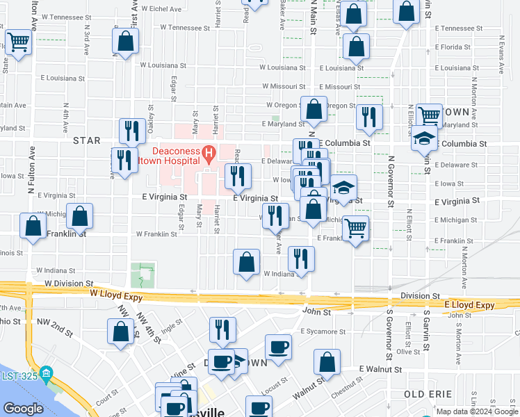map of restaurants, bars, coffee shops, grocery stores, and more near 410 Garfield Street in Evansville