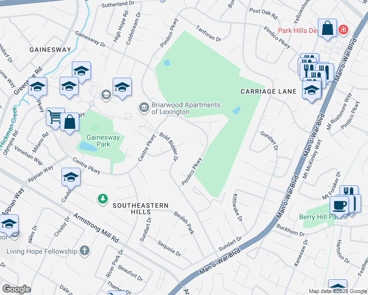 map of restaurants, bars, coffee shops, grocery stores, and more near 1352 Canonero Drive in Lexington