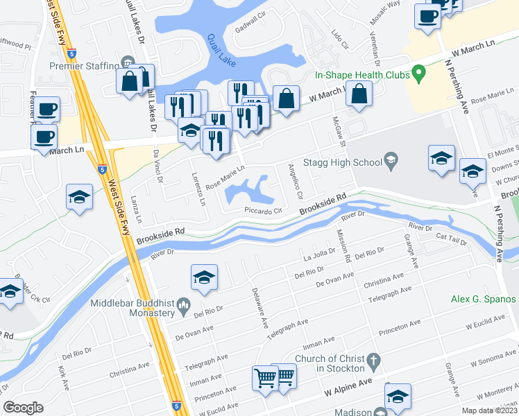 map of restaurants, bars, coffee shops, grocery stores, and more near 2207 Piccardo Circle in Stockton
