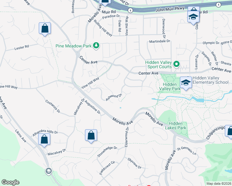 map of restaurants, bars, coffee shops, grocery stores, and more near 1593 Ashwood Drive in Martinez
