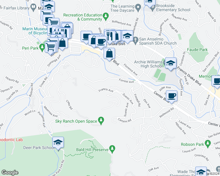map of restaurants, bars, coffee shops, grocery stores, and more near 67 Spruce Avenue in San Anselmo
