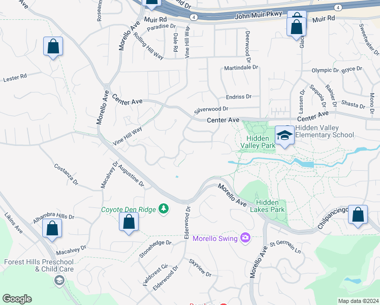 map of restaurants, bars, coffee shops, grocery stores, and more near 1634 Ashwood Drive in Martinez