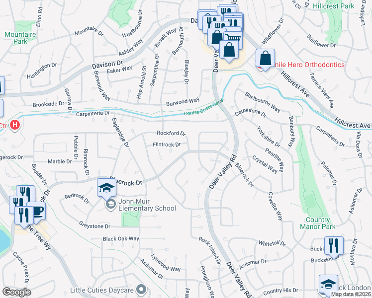 map of restaurants, bars, coffee shops, grocery stores, and more near 3801 Rockford Drive in Antioch