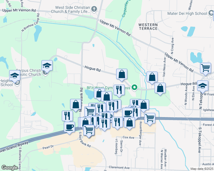 map of restaurants, bars, coffee shops, grocery stores, and more near 4713 Rolling Ridge Drive in Evansville