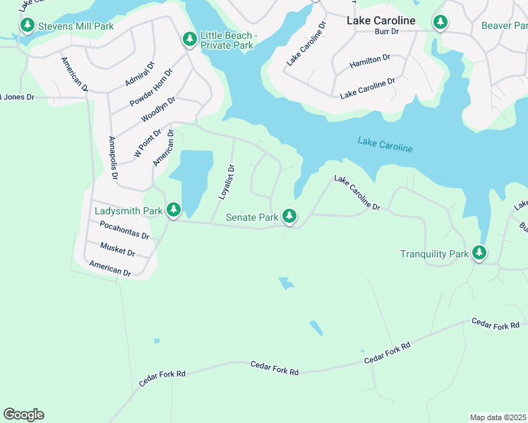 map of restaurants, bars, coffee shops, grocery stores, and more near 237 Lake Caroline Drive in Ruther Glen