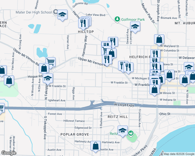 map of restaurants, bars, coffee shops, grocery stores, and more near 405 Schreeder Avenue in Evansville