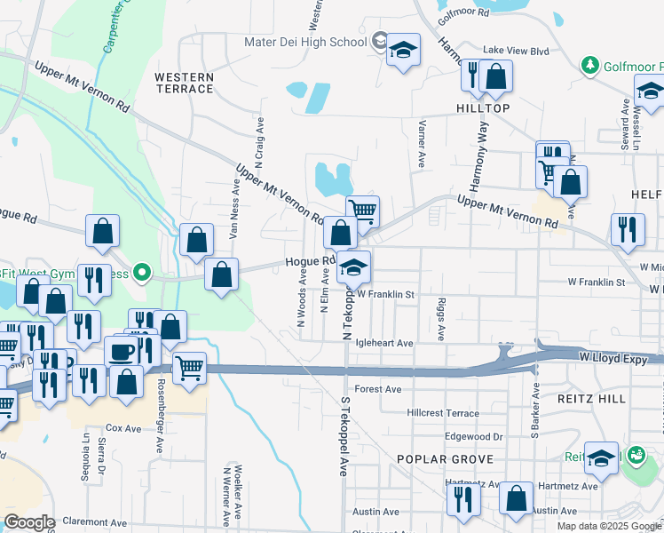 map of restaurants, bars, coffee shops, grocery stores, and more near 319 N Elm Ave in Evansville