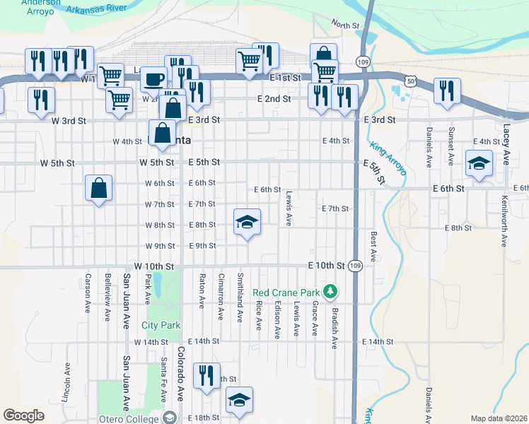 map of restaurants, bars, coffee shops, grocery stores, and more near 710 Rice Avenue in La Junta