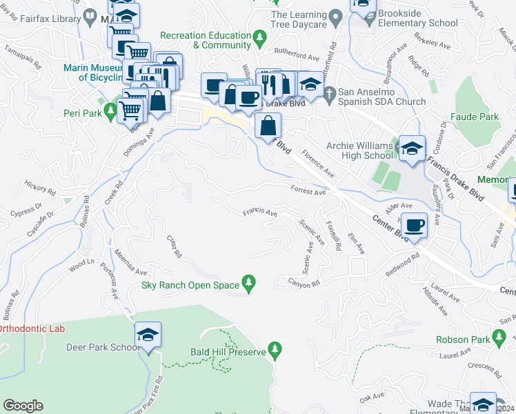 map of restaurants, bars, coffee shops, grocery stores, and more near 67 Spruce Avenue in San Anselmo