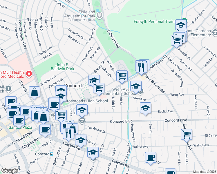 map of restaurants, bars, coffee shops, grocery stores, and more near 2990 Consuelo Road in Concord