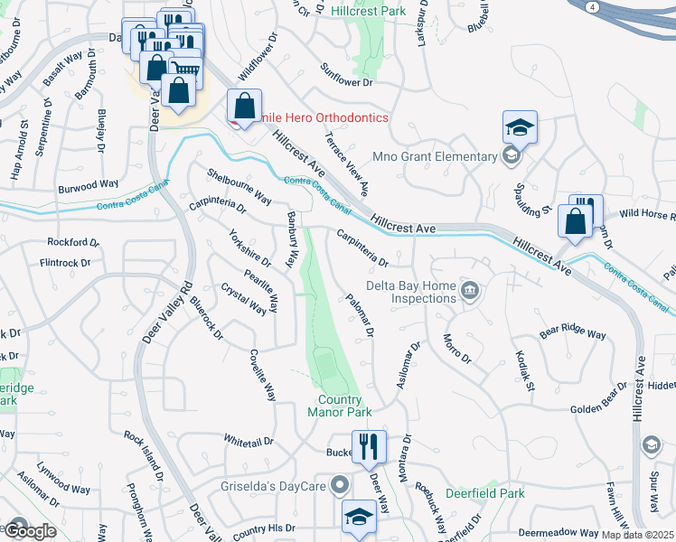 map of restaurants, bars, coffee shops, grocery stores, and more near 4101 Palomar Drive in Antioch
